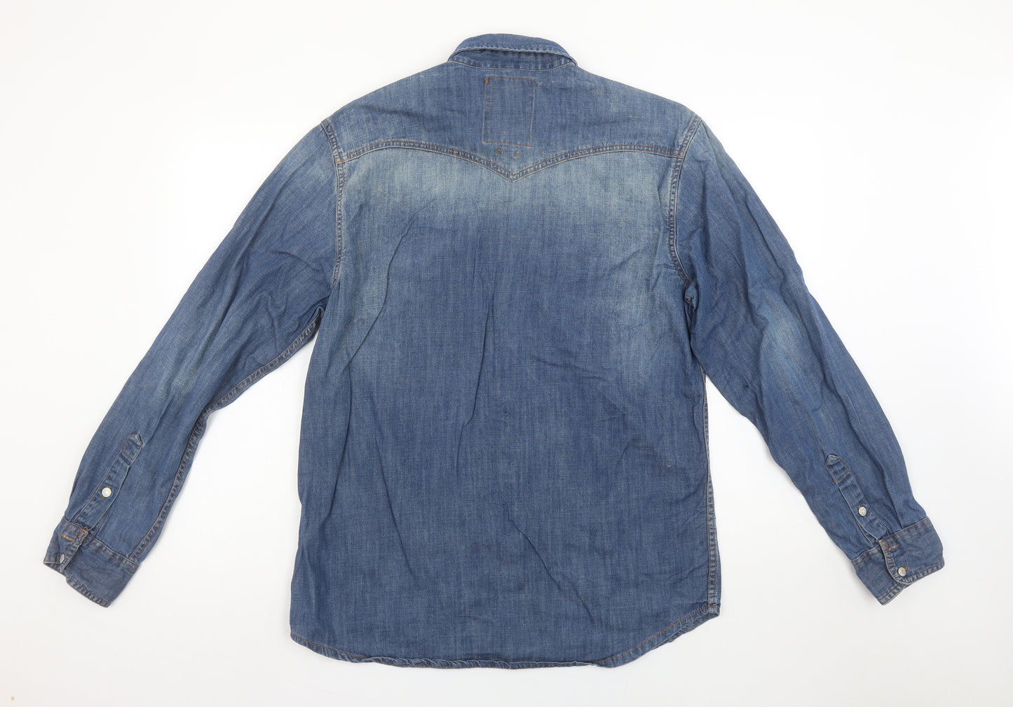 Springfield Men Blue Denim Long Sleeve Button-Up Shirt L Regular Fit