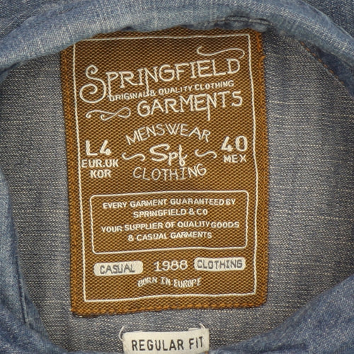 Springfield Men Blue Denim Long Sleeve Button-Up Shirt L Regular Fit