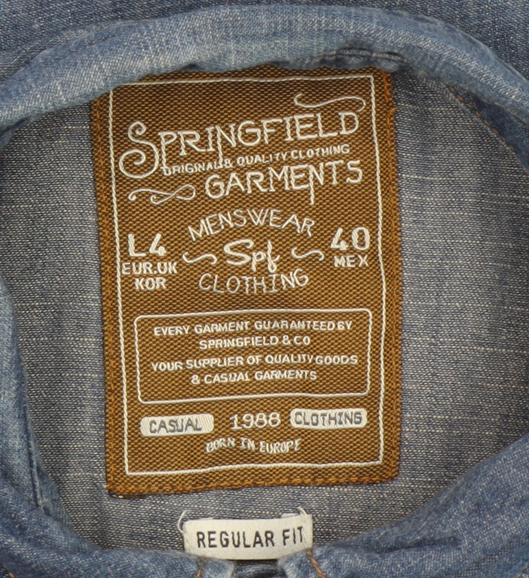 Springfield Men Blue Denim Long Sleeve Button-Up Shirt L Regular Fit