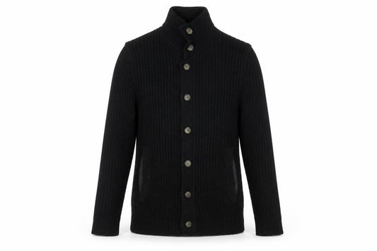 Front view of River Island men’s black wool blend button cardigan jumper, size S