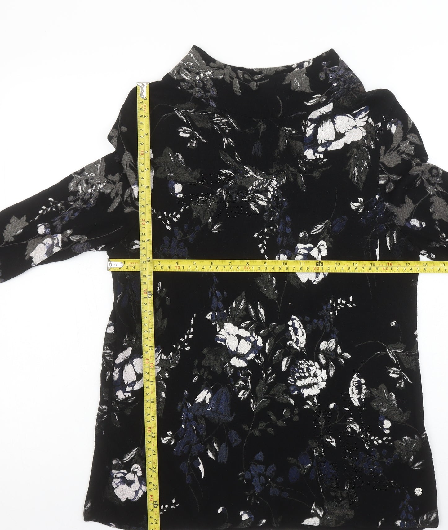 Monari Women's Black Floral Velvet Tunic Blouse Size 12
