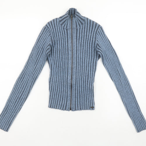 Pull&Bear Teens Blue Ribbed Full Zip Mock Neck Jumper Size 14