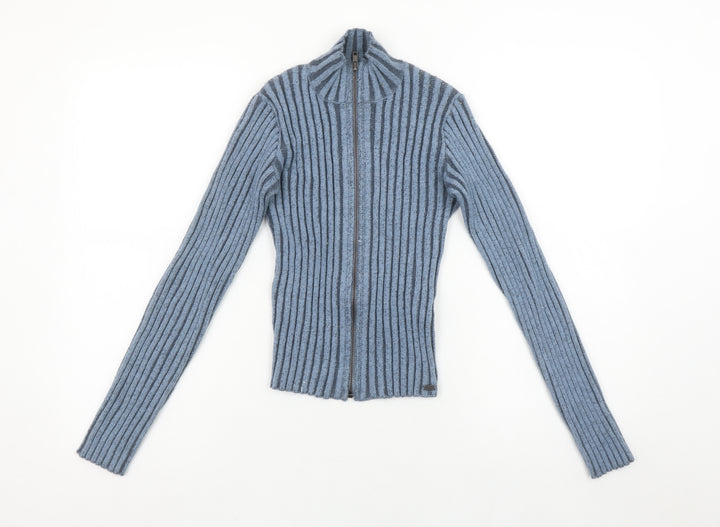 Pull&Bear Teens Blue Ribbed Full Zip Mock Neck Jumper Size 14