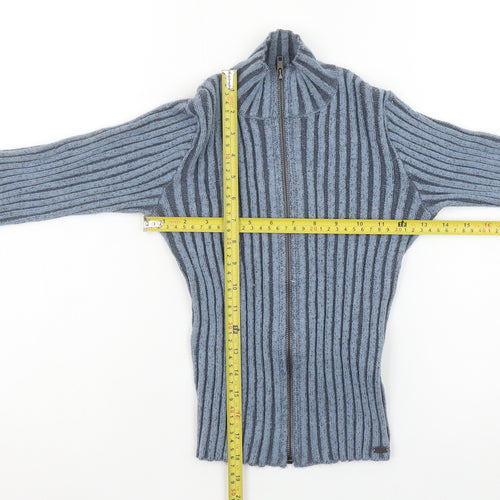 Pull&Bear Teens Blue Ribbed Full Zip Mock Neck Jumper Size 14