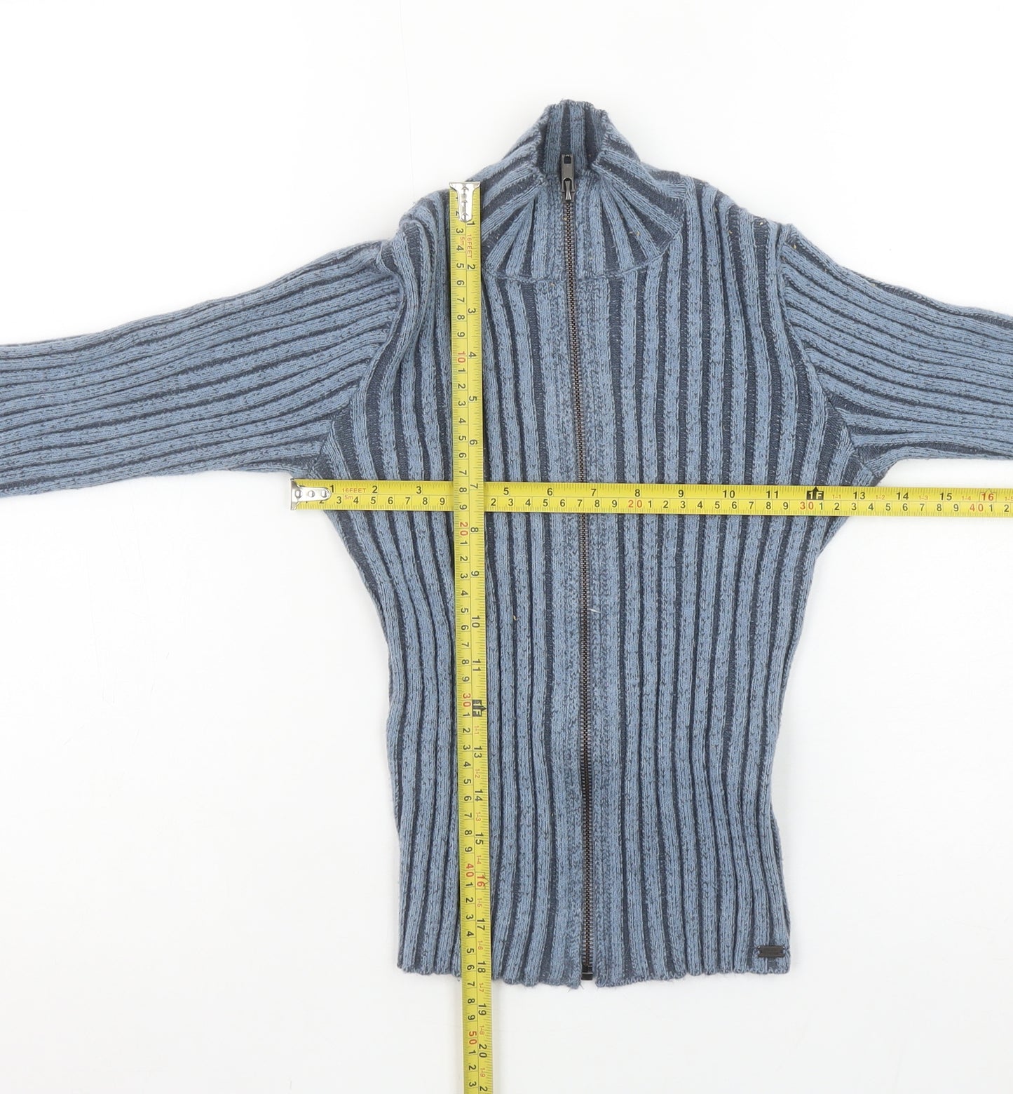Pull&Bear Teens Blue Ribbed Full Zip Mock Neck Jumper Size 14