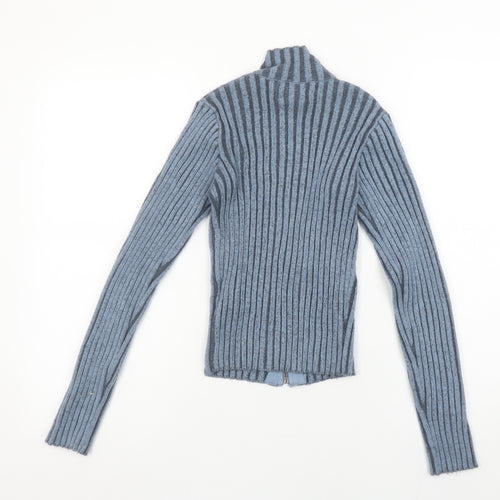Pull&Bear Teens Blue Ribbed Full Zip Mock Neck Jumper Size 14