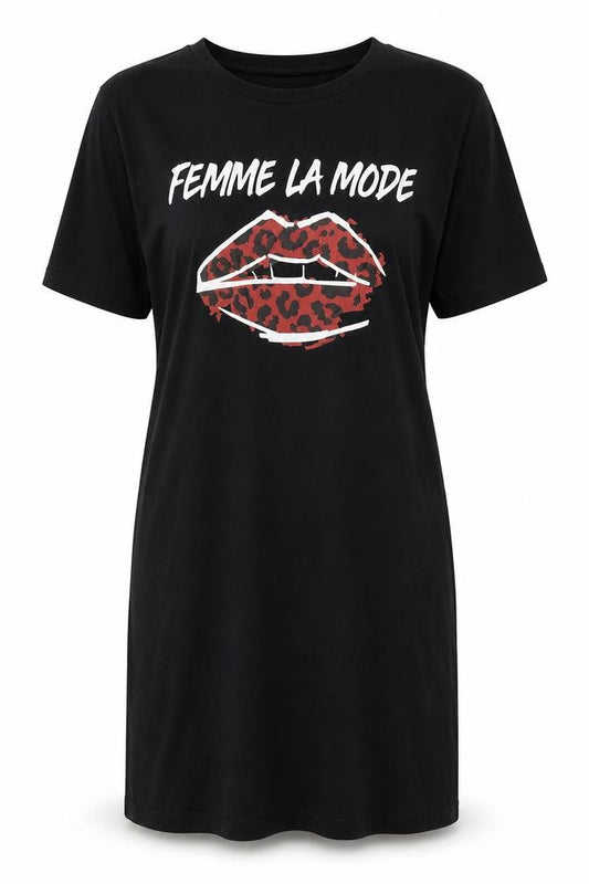 Front view of Select women’s black, size UK 10, t-shirt dress femme la mode print