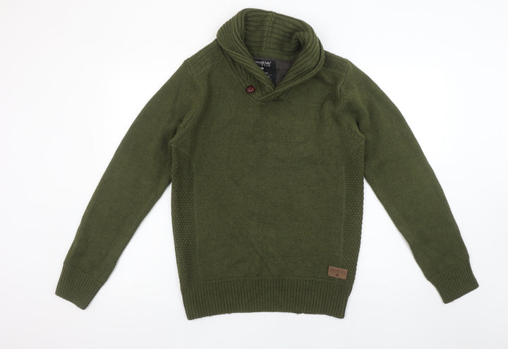 Emerald Isle Women’s Green Wool Blend Shawl Collar Jumper Size S