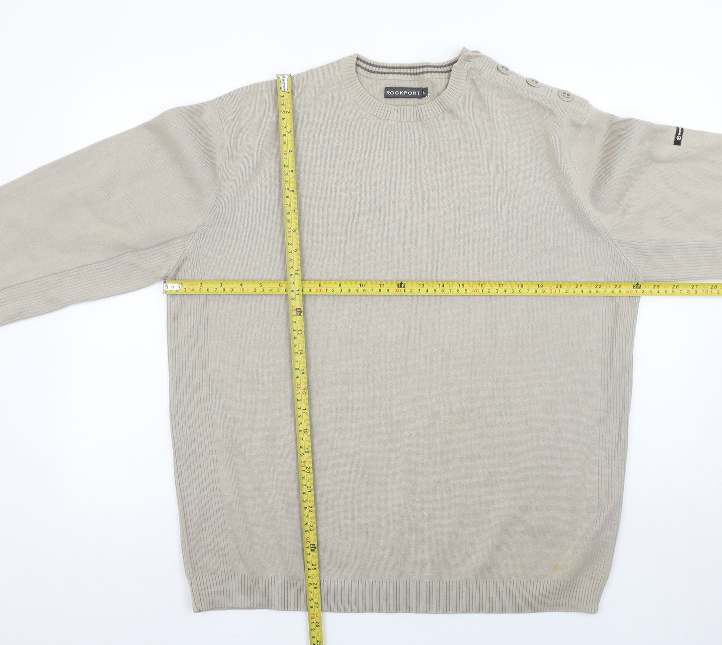 Rockport Men's Beige Cotton Crew Neck Pullover Jumper L