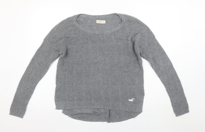 Hollister Women’s Grey Waffle-Knit Long Sleeve Pullover Jumper Size S
