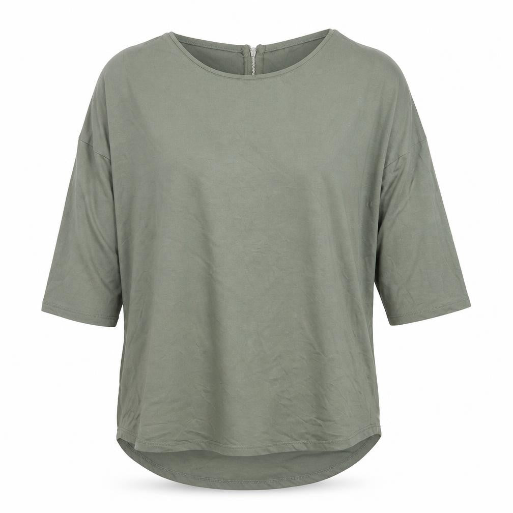 Front view of Select women’s green, size UK 14, relaxed 3/4 sleeve zip back top
