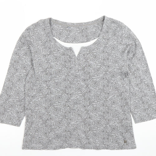 Debenhams Women Grey Floral 3/4 Sleeve Henley Top Size 14 Cotton Viscose