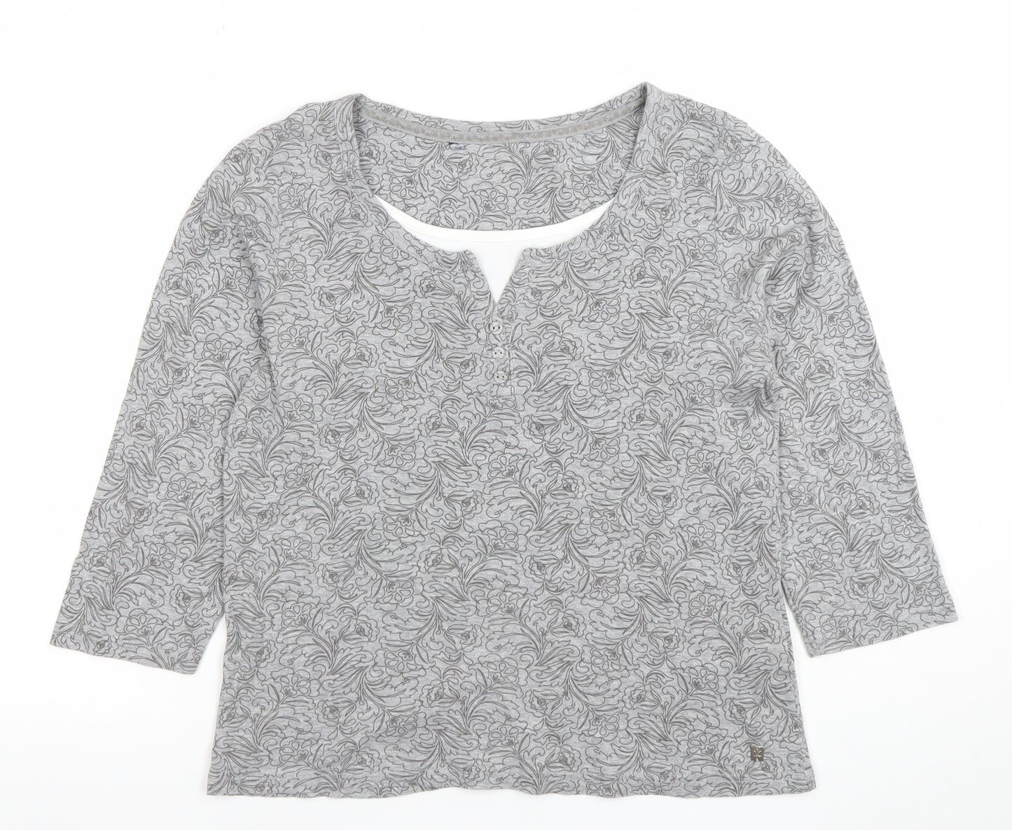 Debenhams Women Grey Floral 3/4 Sleeve Henley Top Size 14 Cotton Viscose