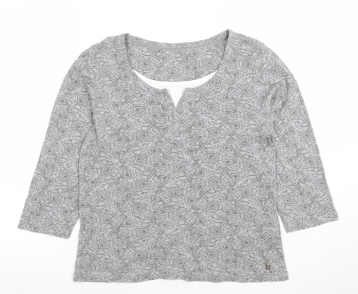Debenhams Women Grey Floral 3/4 Sleeve Henley Top Size 14 Cotton Viscose