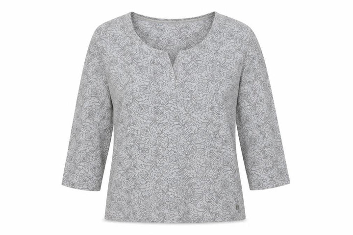 Debenhams Women Grey Floral 3/4 Sleeve Henley Top Size 14 Cotton Viscose