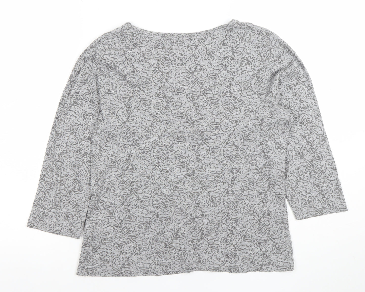 Debenhams Women Grey Floral 3/4 Sleeve Henley Top Size 14 Cotton Viscose