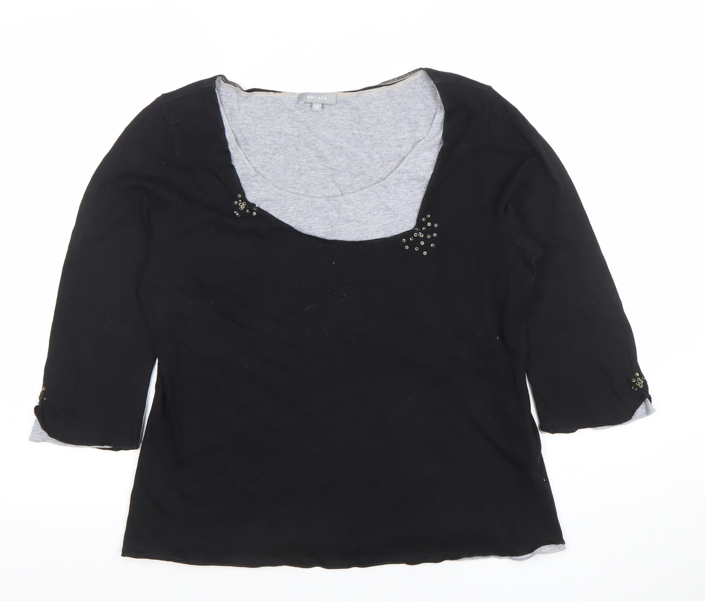 Marks and Spencer Per Una Black Beaded 3/4 Sleeve Scoop Neck Cotton Modal Blouse Size 16