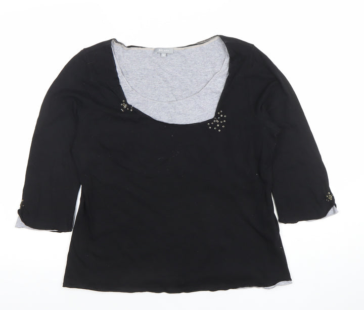 Marks and Spencer Per Una Black Beaded 3/4 Sleeve Scoop Neck Cotton Modal Blouse Size 16