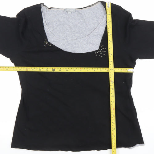 Marks and Spencer Per Una Black Beaded 3/4 Sleeve Scoop Neck Cotton Modal Blouse Size 16