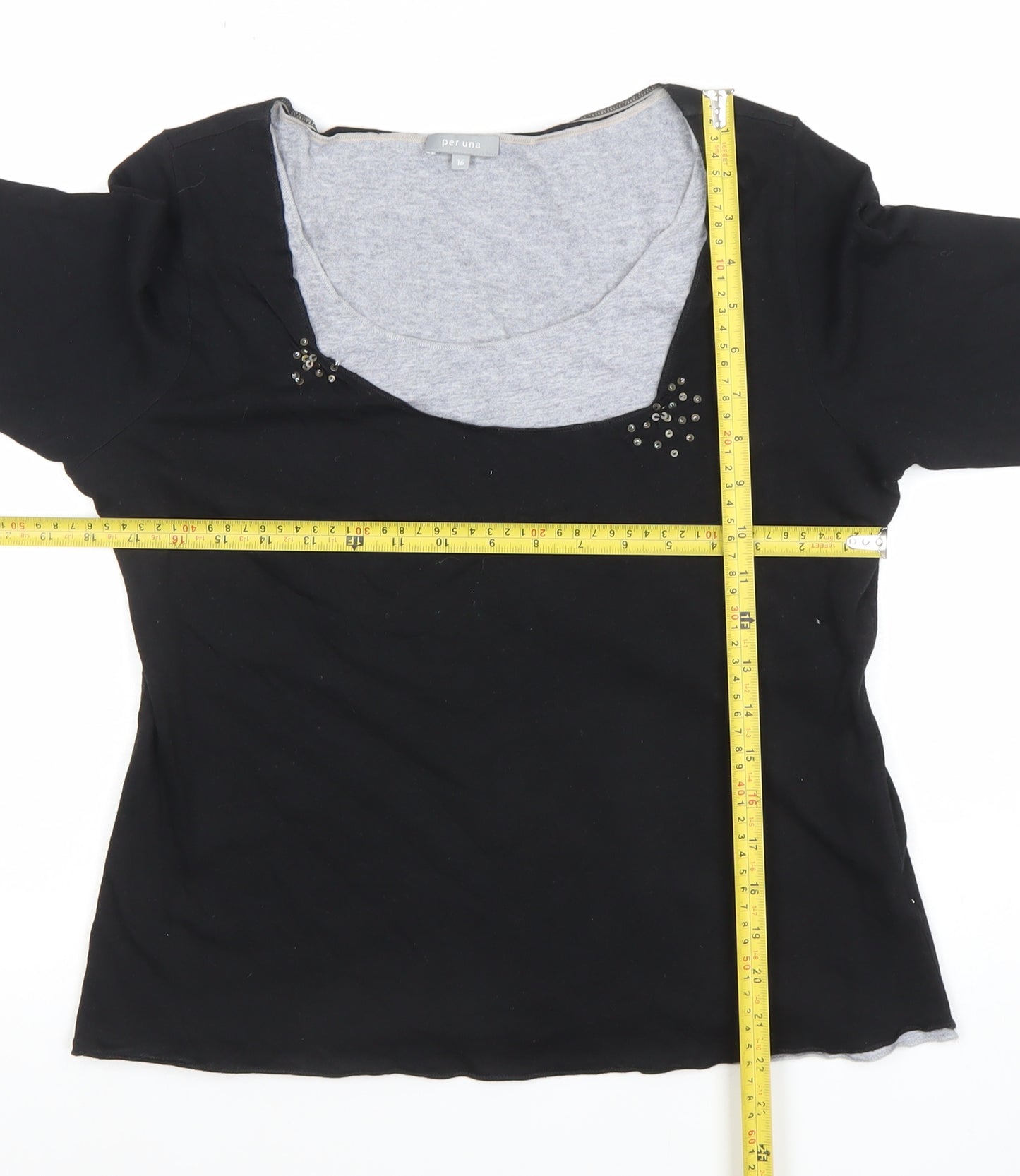 Marks and Spencer Per Una Black Beaded 3/4 Sleeve Scoop Neck Cotton Modal Blouse Size 16