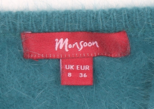 Monsoon Women Blue Angora Knit V-Neck Cardigan Size 8