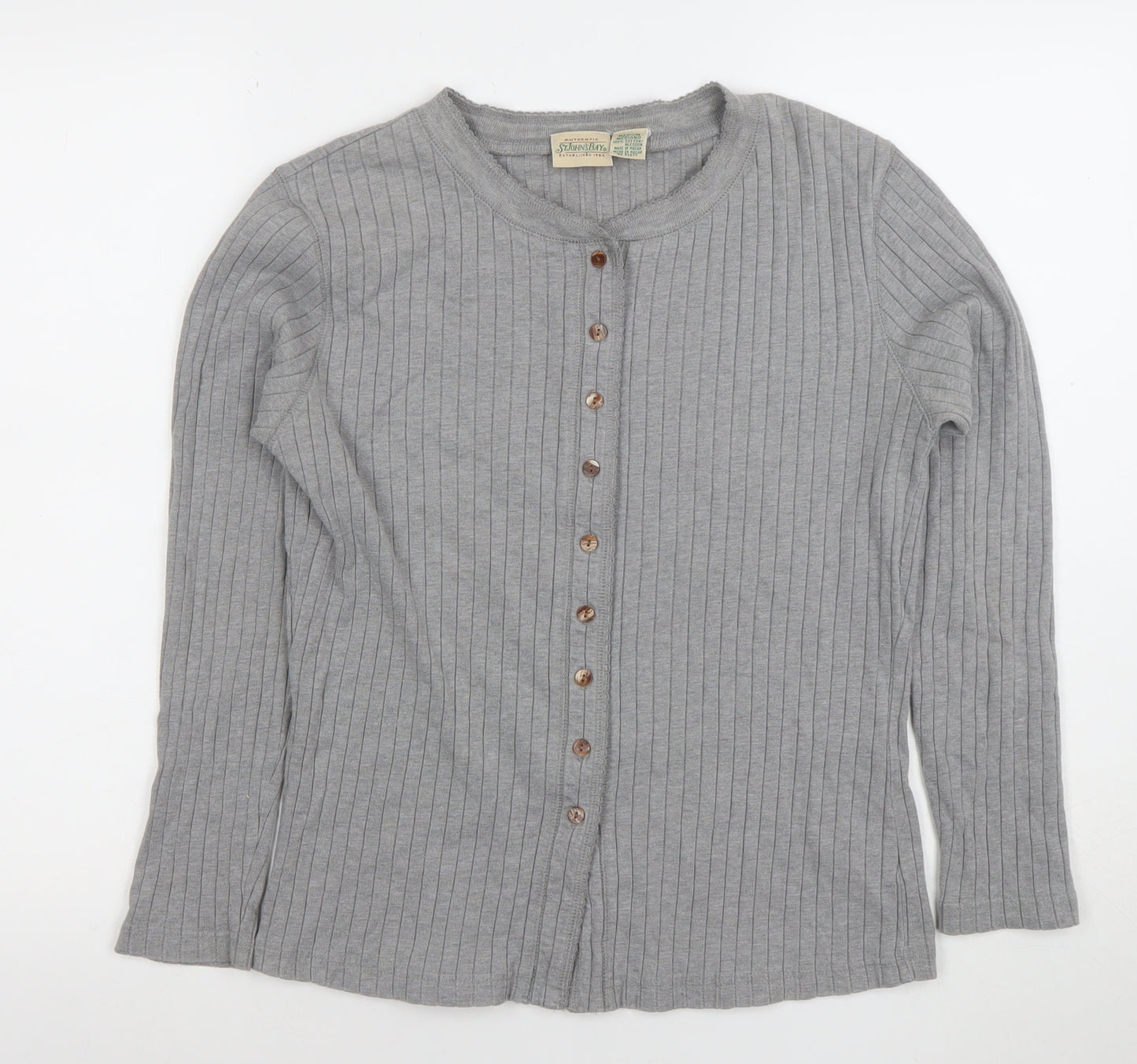 St. Johns Bay Womens Grey Button-Up Long Sleeve Cotton Top Size M