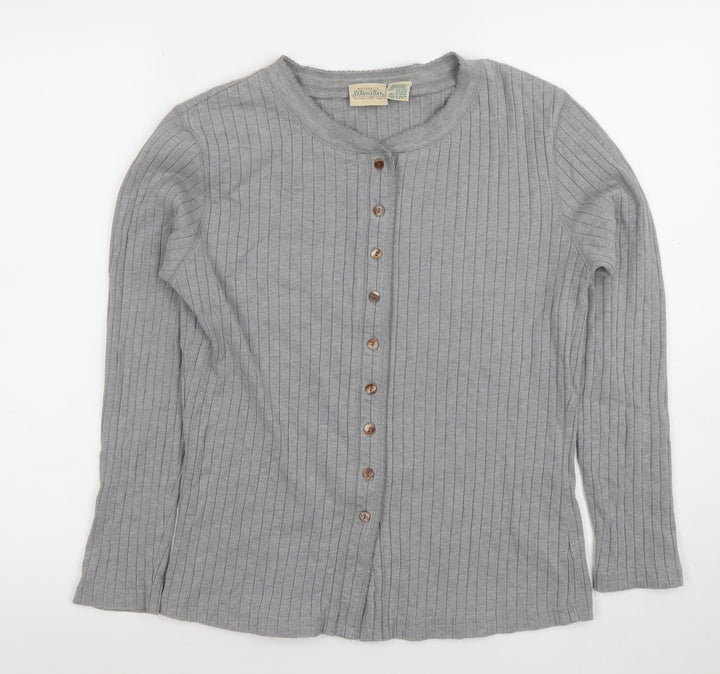 St. Johns Bay Womens Grey Button-Up Long Sleeve Cotton Top Size M