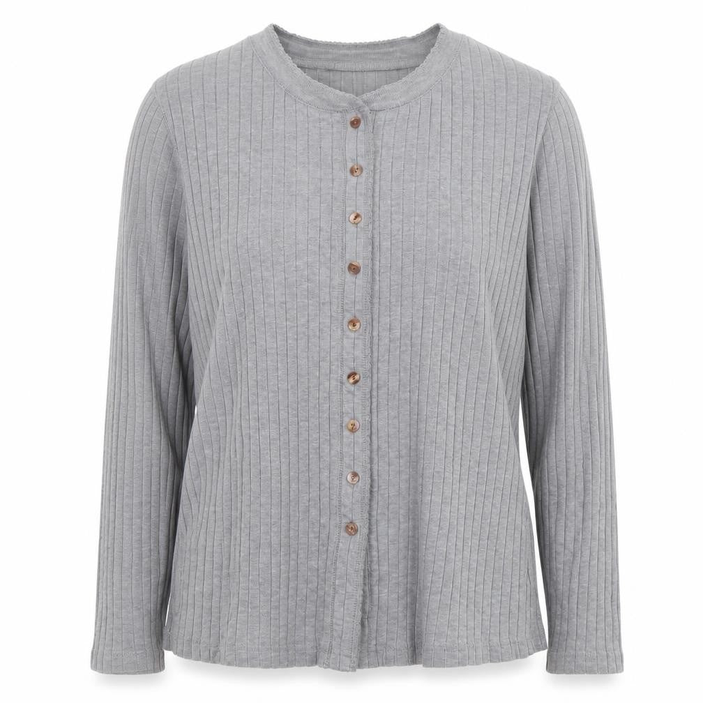Front view of St. Johns Bay women’s grey button-up long sleeve cotton top, size M