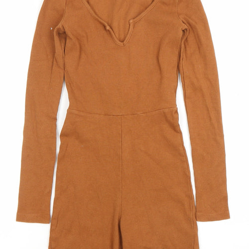Boohoo Women Brown Long Sleeve Ribbed Playsuit UK 8 Slim Fit