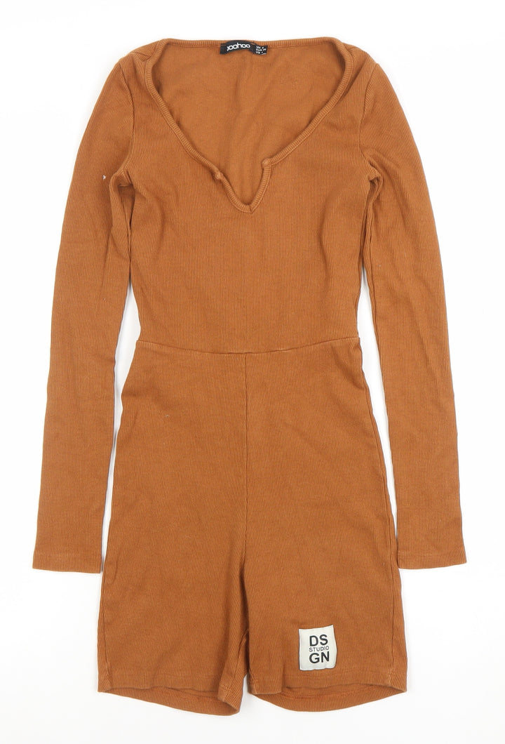 Boohoo Women Brown Long Sleeve Ribbed Playsuit UK 8 Slim Fit
