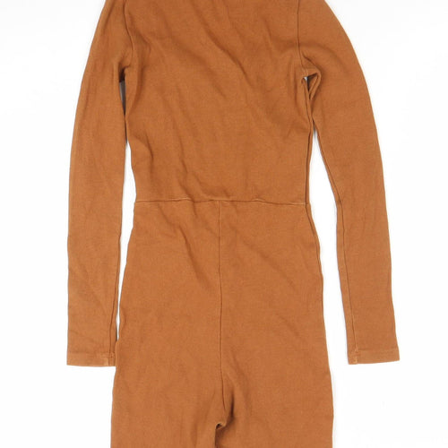 Boohoo Women Brown Long Sleeve Ribbed Playsuit UK 8 Slim Fit