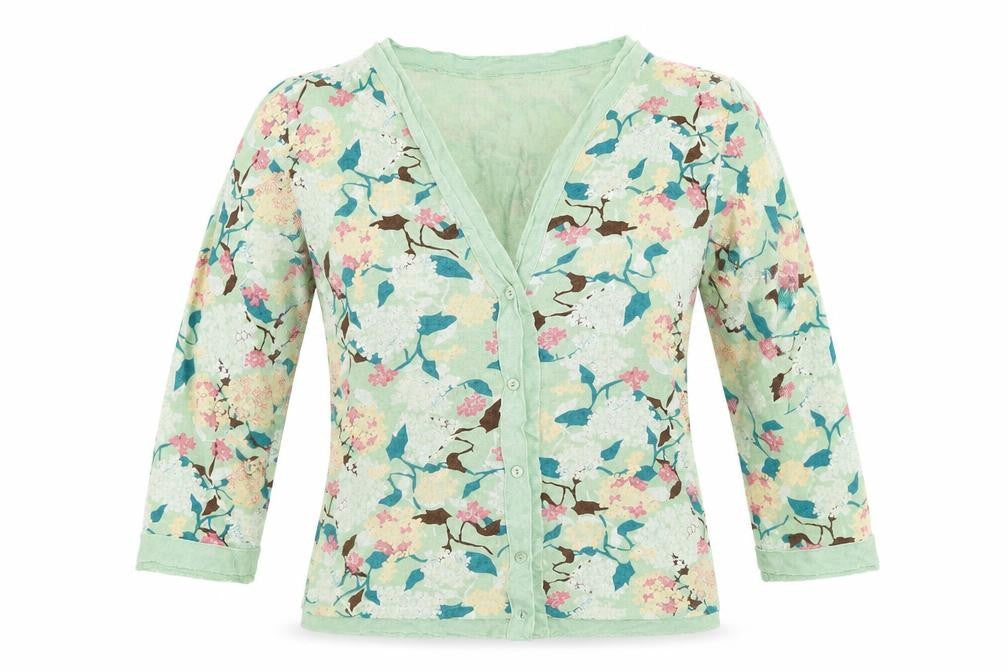 Front view of Amari women’s green floral cardigan small v-neck button front lightweight