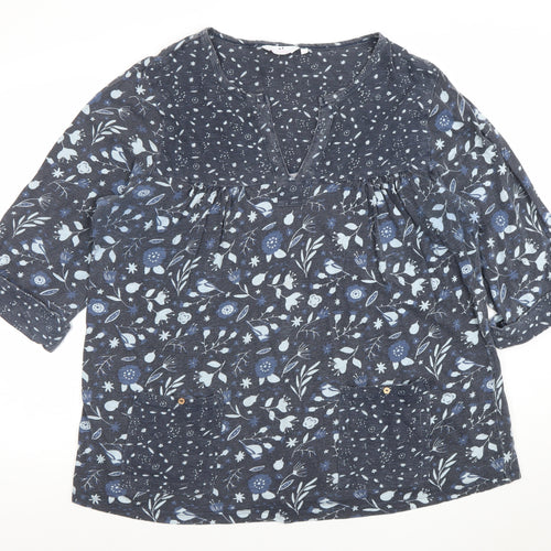 Julipa Women Blue Floral Tunic Blouse Size 20 3/4 Sleeve V-Neck Cotton