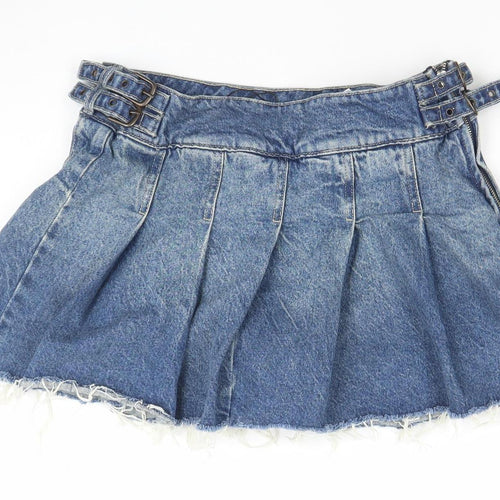 Bershka Women's Blue Denim Cut-Off Pleated Shorts Size 8