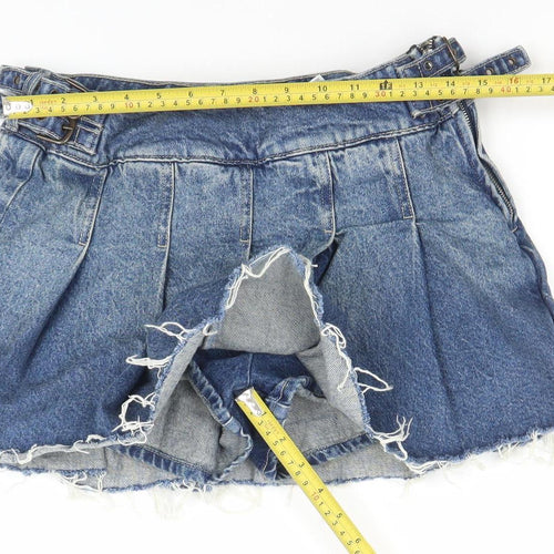 Bershka Women's Blue Denim Cut-Off Pleated Shorts Size 8