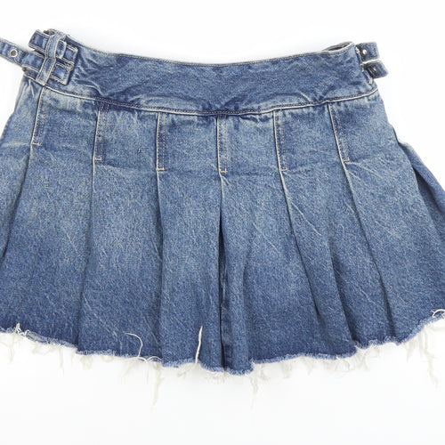 Bershka Women's Blue Denim Cut-Off Pleated Shorts Size 8