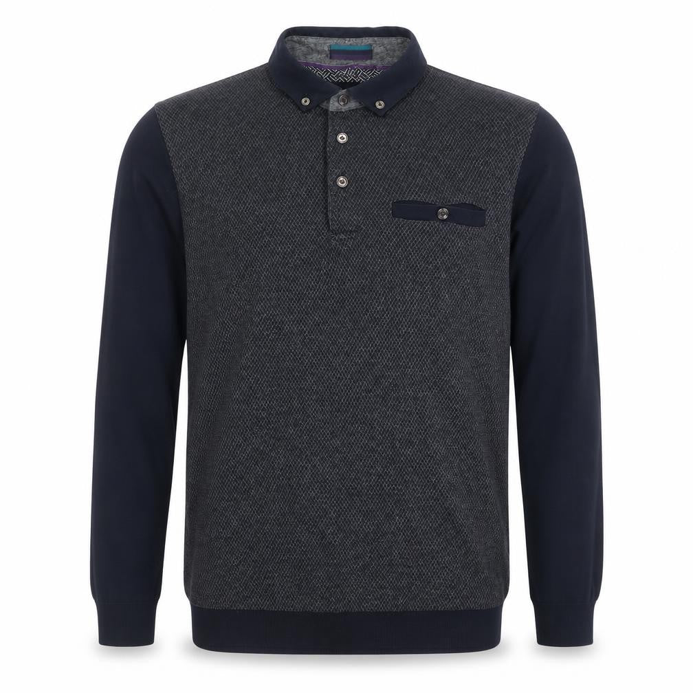 Front view of Ted Baker Men’s Black Geometric Long Sleeve Polo Shirt, size M