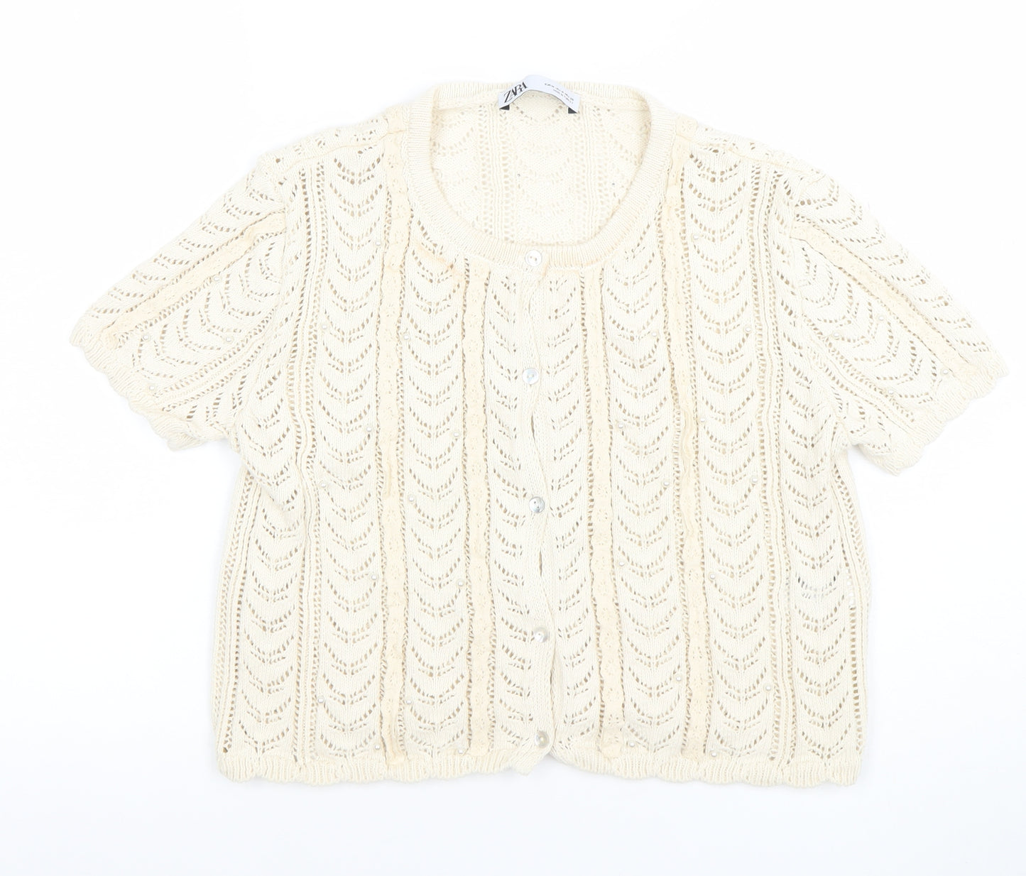 ZARA Women Ivory Knit Short Sleeve Cardigan Size 12