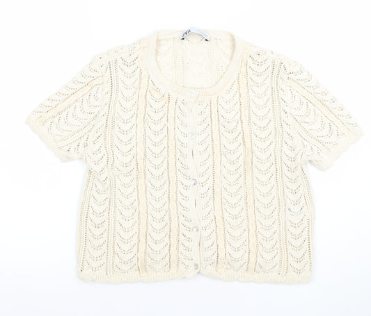 ZARA Women Ivory Knit Short Sleeve Cardigan Size 12