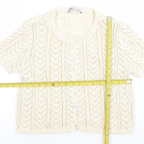 ZARA Women Ivory Knit Short Sleeve Cardigan Size 12