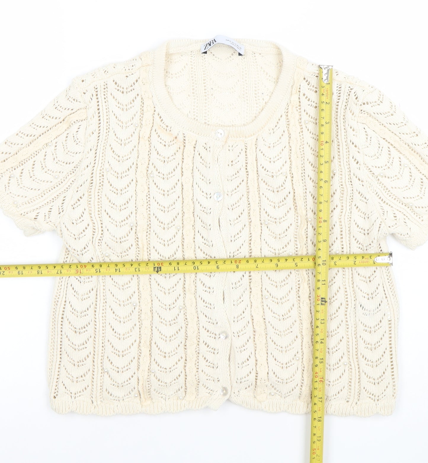 ZARA Women Ivory Knit Short Sleeve Cardigan Size 12