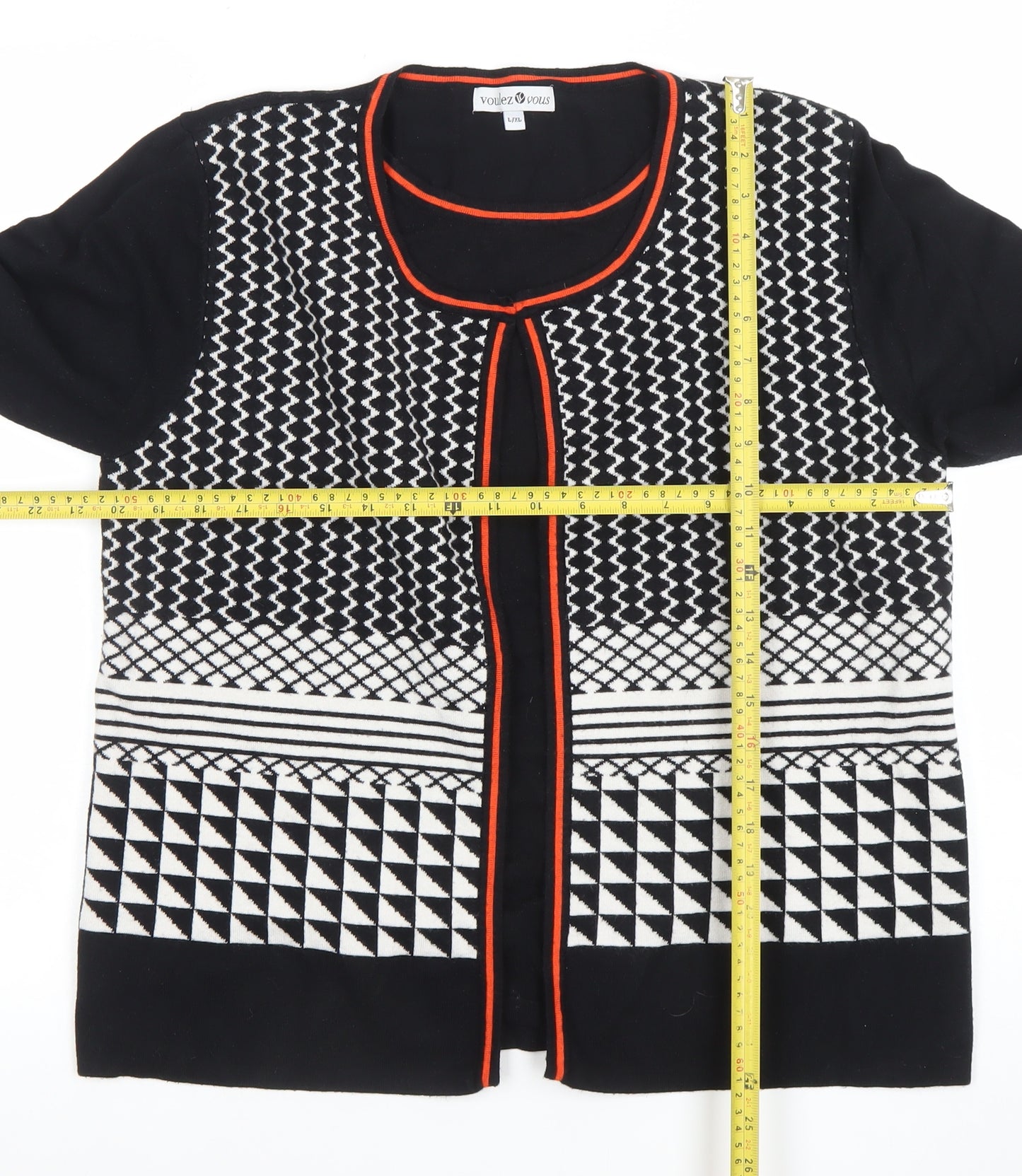 Voulez Vous Womens Black Geometric Open Cardigan L/XL Knit Viscose Blend