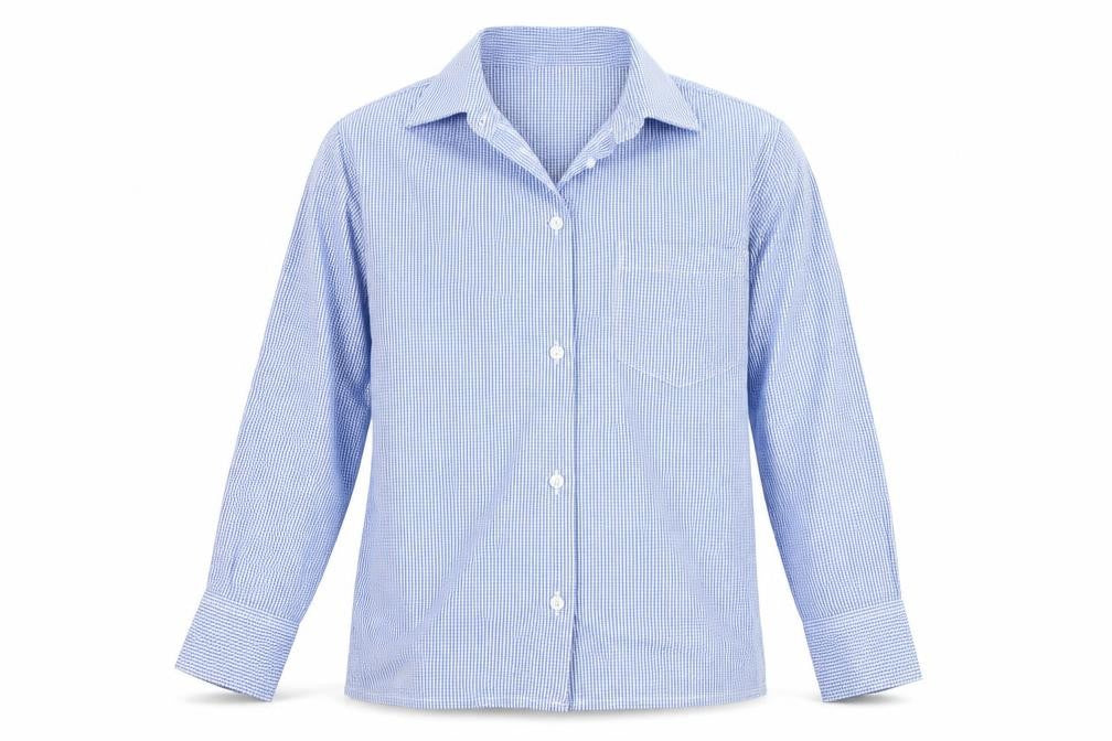 Front view of Hunter boys’ blue check long sleeve button-up shirt 30 inch classic fit