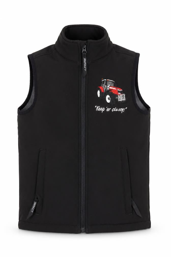 Front view of Impact Protection boys’ black 7-8 years tractor embroidered softshell bodywarmer