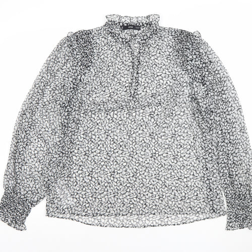 MNG Women's Black Floral Chiffon Long Sleeve Ruffle Blouse Size L