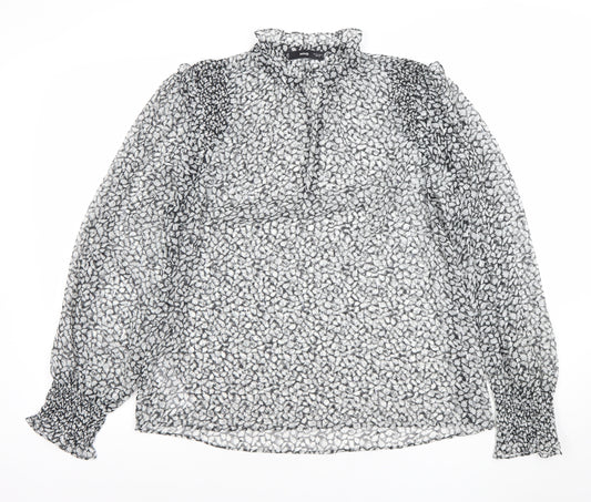 MNG Women's Black Floral Chiffon Long Sleeve Ruffle Blouse Size L