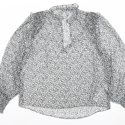 MNG Women's Black Floral Chiffon Long Sleeve Ruffle Blouse Size L