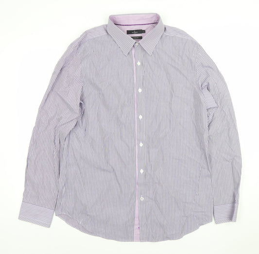 Jeff Banks Men's Purple Striped Tailored Fit Cotton Dress Shirt L Long Sleeve