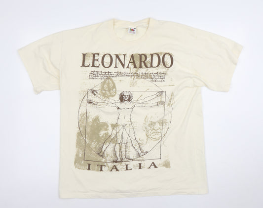 Fruit of the Loom Men's Beige Leonardo Art Graphic T-Shirt Size L