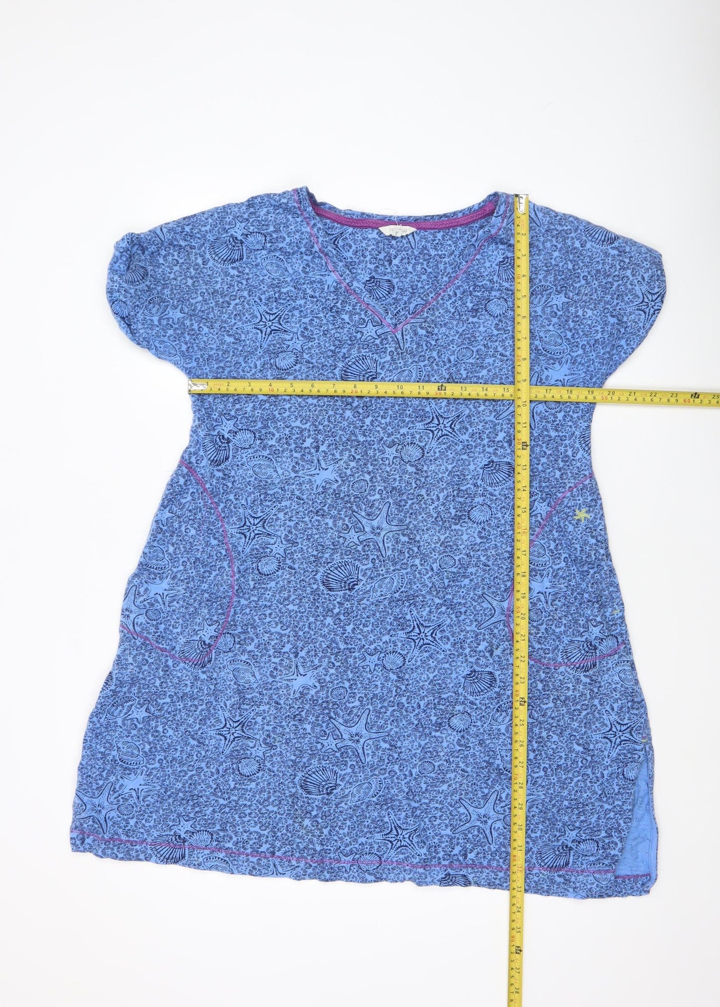 Weird Fish Women's Blue Cotton Shift Dress Size S V-Neck Casual Summer